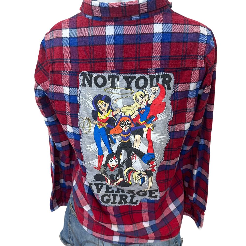 Wonder Woman Supergirl Plaid Flannel Shirt Kids SIZE 14 Unique DC Comics Batgirl
